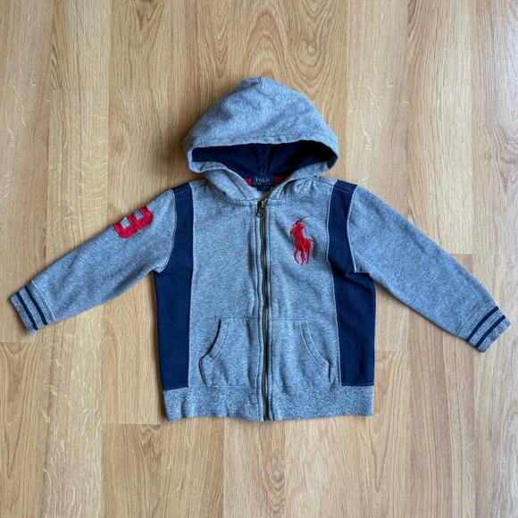 EUC Ralph Lauren Boy Sweatshirt-Full Zip Hoodie Gray Blue and Red